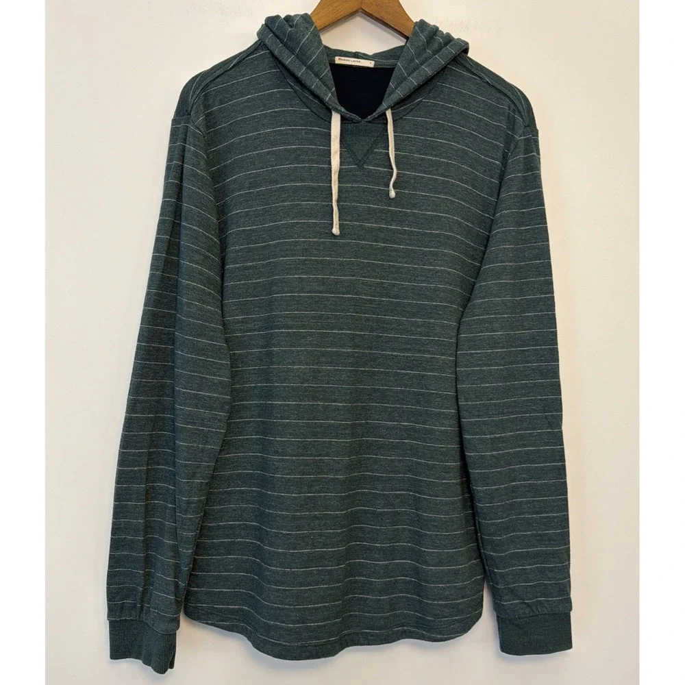 Marine Layer Double Knit Pullover Hoodie Size L Green White Striped Minimalist
